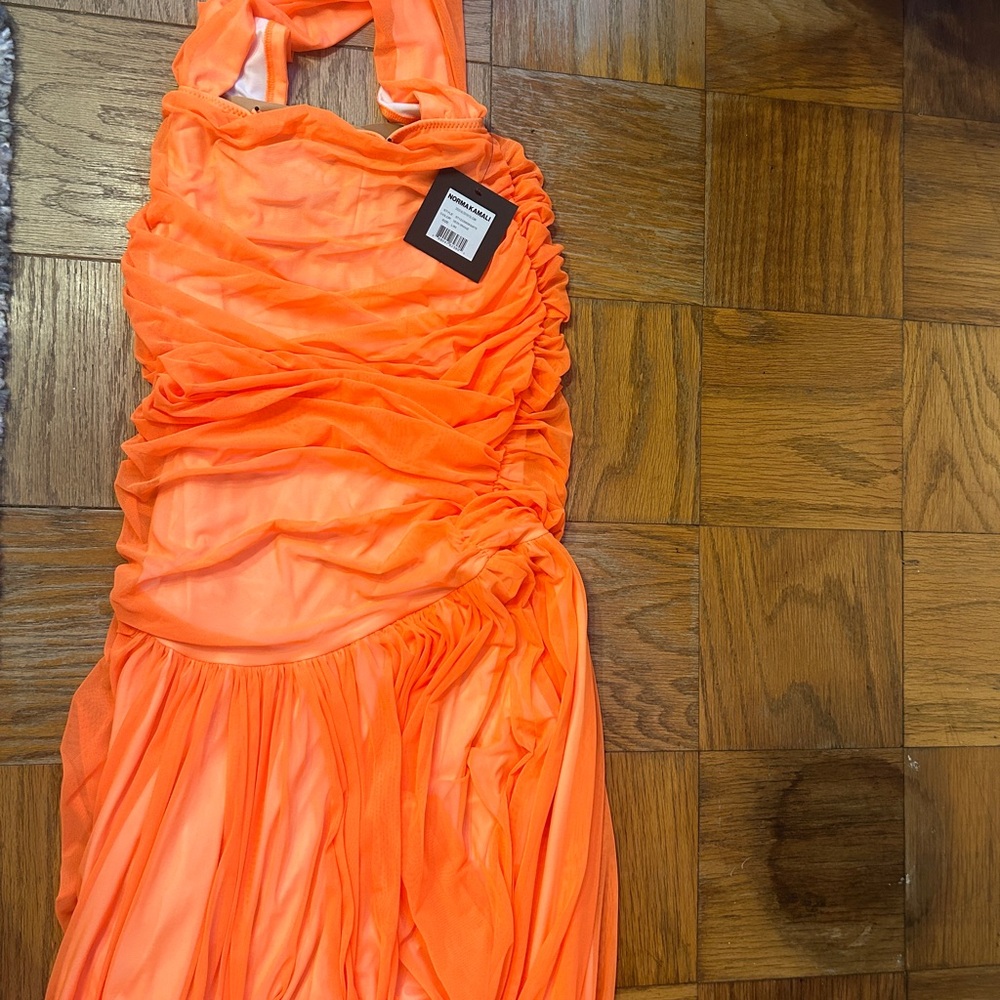 NWT Norma Kamali Cross Halter Fish tail gown in neon orange - Picture 2 of 3